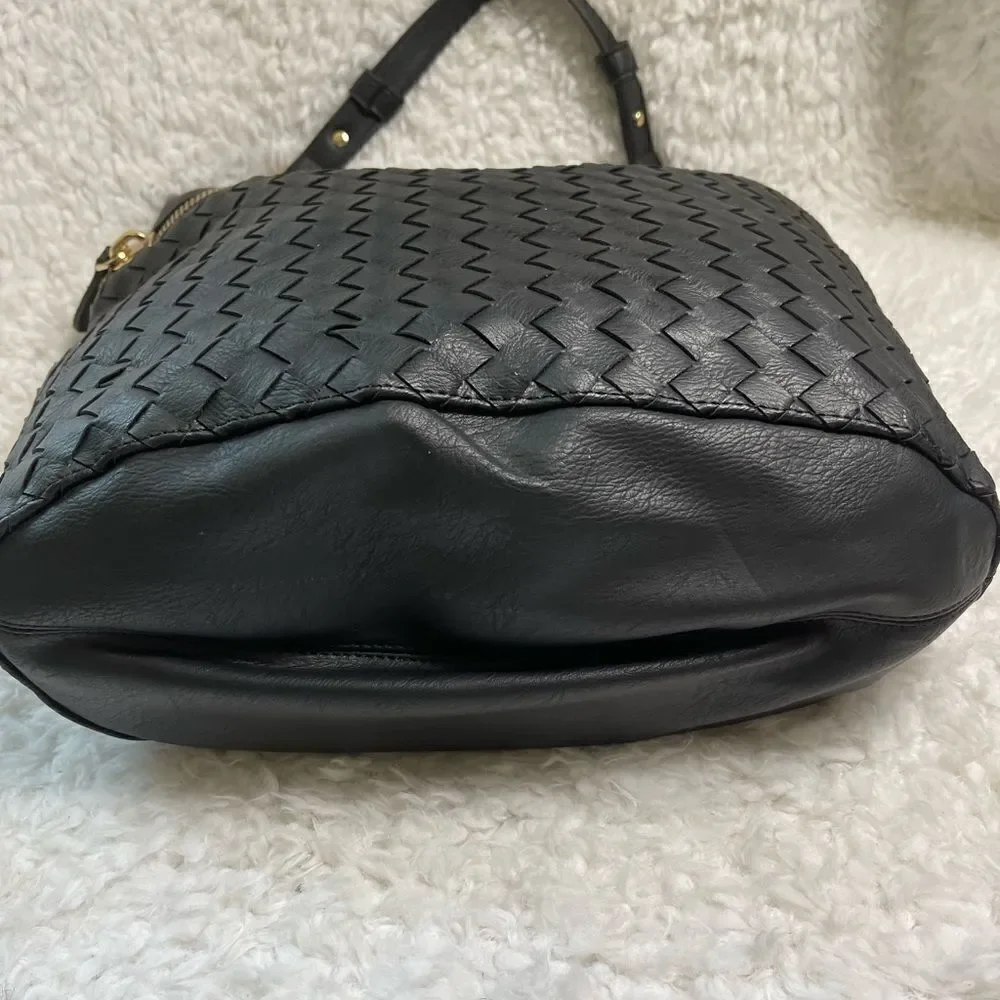 Madison West black faux leather basket weave large hobo bag gold tone hardwares